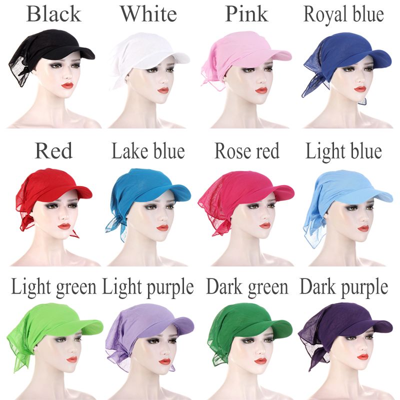1PC Women Durag Brim Cap Sun Visor With Pre-Tied Turban Caps Head Scarf Hijab Pure Color Muslim RA