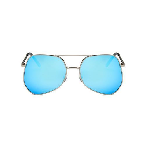 Metal Silver Big Frame Sunglasses Polygonal Reflective Blue Silver Lens