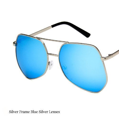 Metal Silver Big Frame Sunglasses Polygonal Reflective Blue Silver Lens
