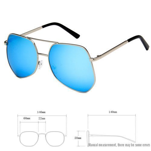Metal Silver Big Frame Sunglasses Polygonal Reflective Blue Silver Lens