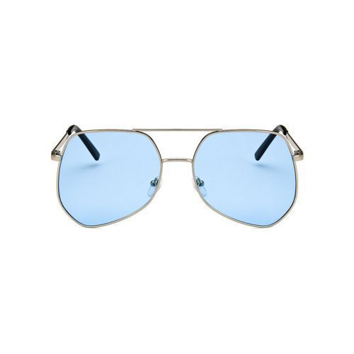 Metal Silver Big Frame Sunglasses Polygonal Reflective Light Blue Lens
