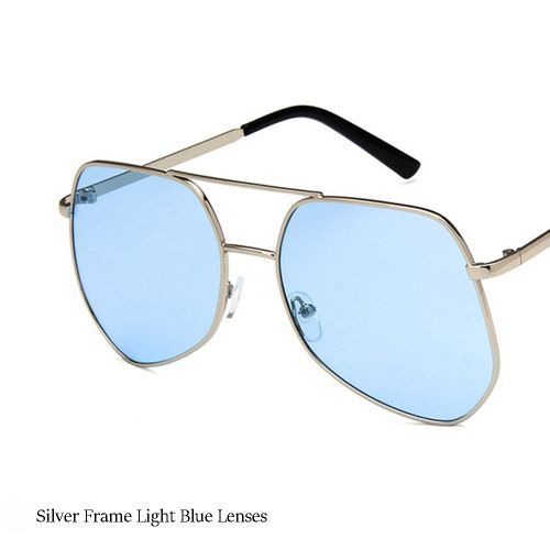 Metal Silver Big Frame Sunglasses Polygonal Reflective Light Blue Lens