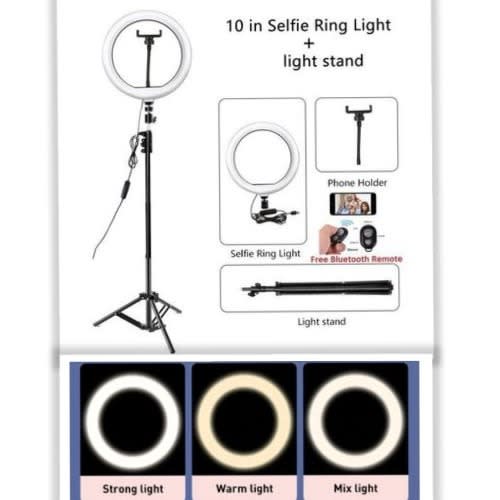 Ringlight With Tripod Stand & Bluetooth Shuttle Remote For Selfie 3 Modes Light - 10 Inches