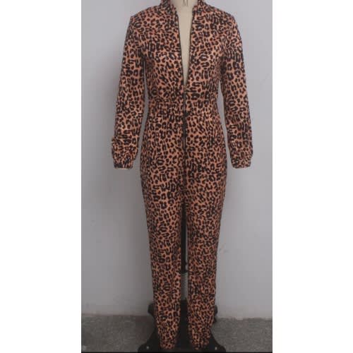 Front Zipper Leopard Print Long Sleeve Jumpsuit