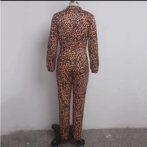 Front Zipper Leopard Print Long Sleeve Jumpsuit