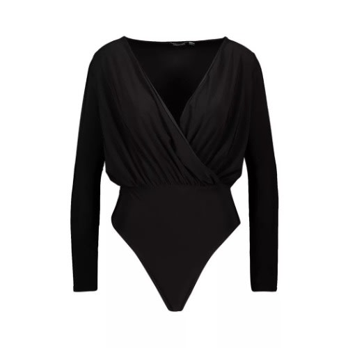 Basic Wrap Over Bodysuit- Black