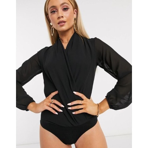 Basic Wrap Over Bodysuit- Black