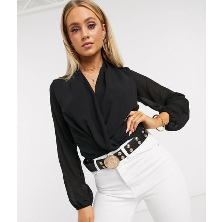 Basic Wrap Over Bodysuit- Black