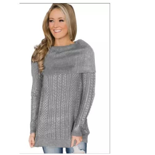 Gray Fold Over Poncho Style Sweater - Gray