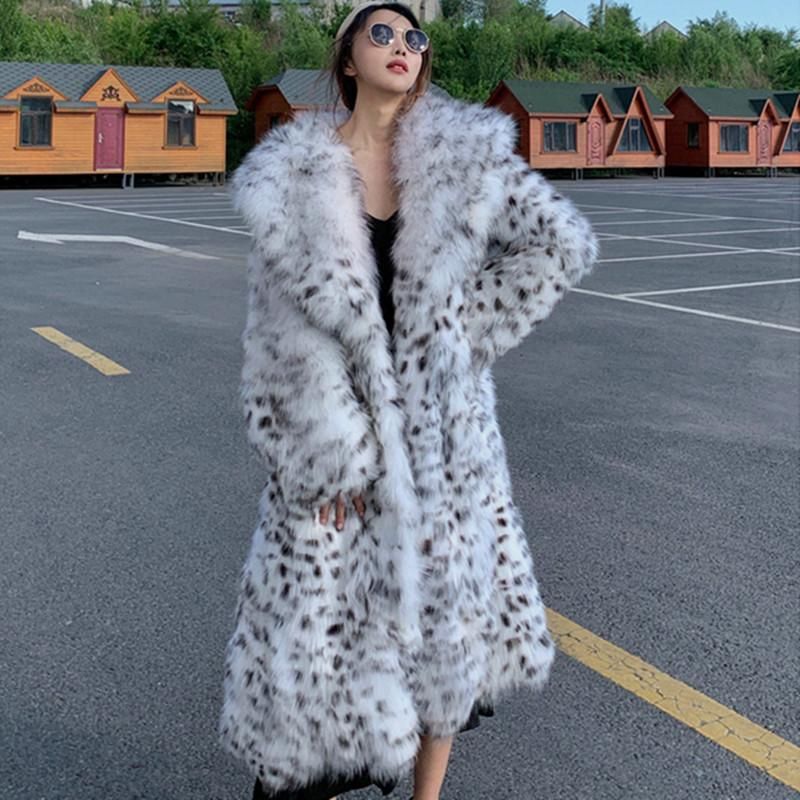 2022 Faux Fox Fur Grass Coat Women's Mid length Over Knee Fur Coat Youth Black and White Leopard