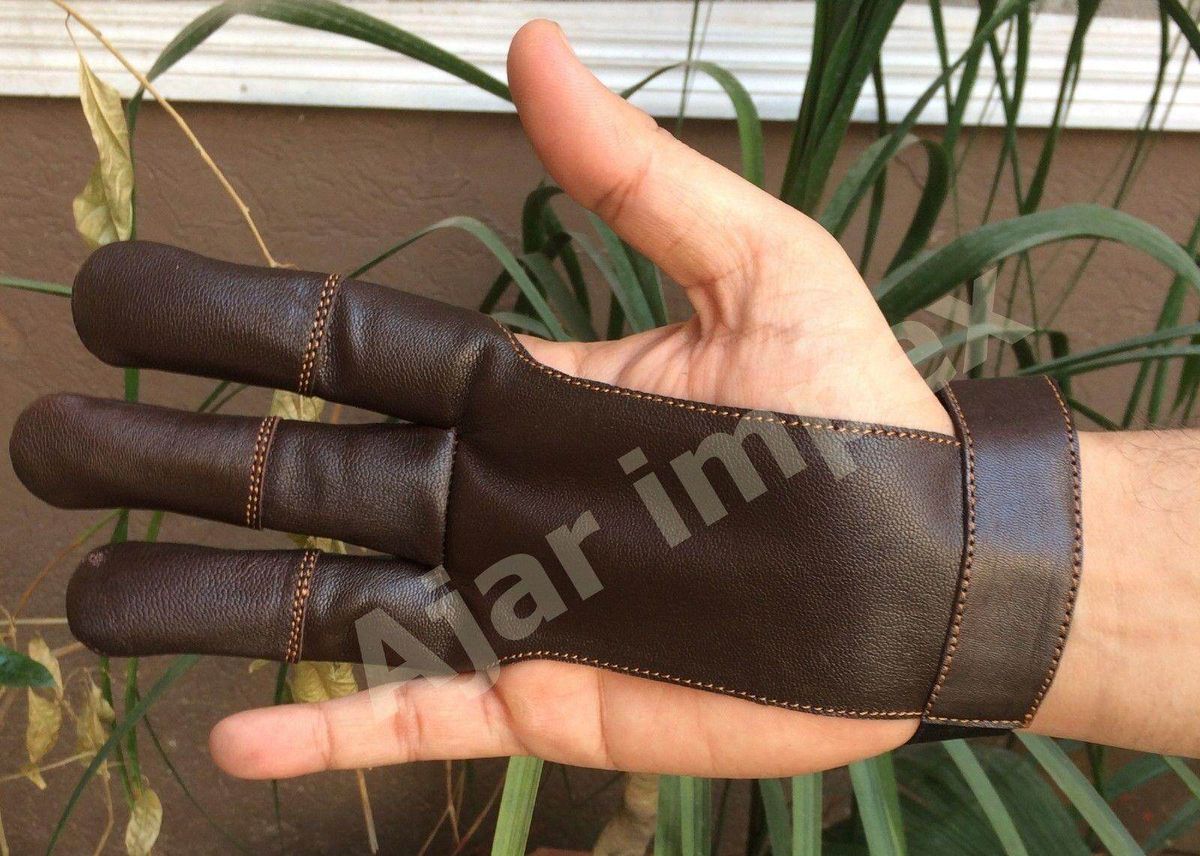 Leather Archery Protect 3 Fingers Glove Pull Bow Arrow Hunting Shooting Brown