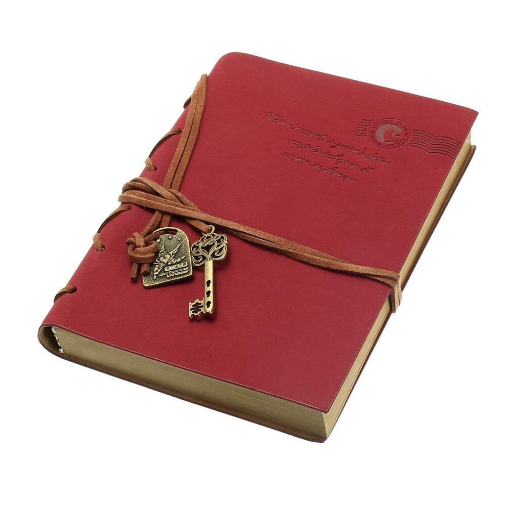 Classic Deep Brown PU Leather Retro Vintage Blank Pages Notebook Journal Diary Rose-Red Rose Red