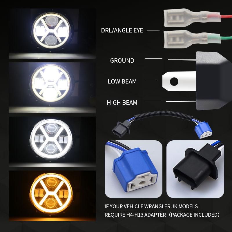 500W 7 Inch Round Angel Eye LED Headlight 30000LM with Hi/Lo Beam DRL Amber Halo Ring for JEEP Wrangler JK TJ LJ