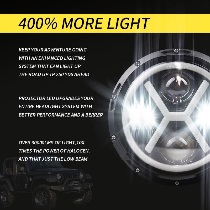 500W 7 Inch Round Angel Eye LED Headlight 30000LM with Hi/Lo Beam DRL Amber Halo Ring for JEEP Wrangler JK TJ LJ
