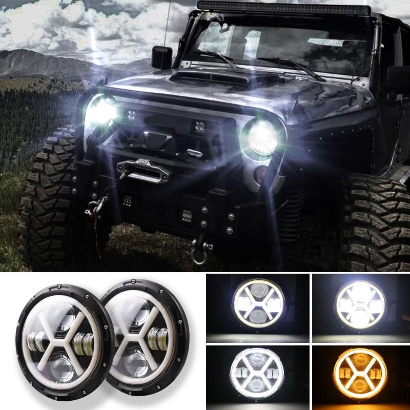 500W 7 Inch Round Angel Eye LED Headlight 30000LM with Hi/Lo Beam DRL Amber Halo Ring for JEEP Wrangler JK TJ LJ