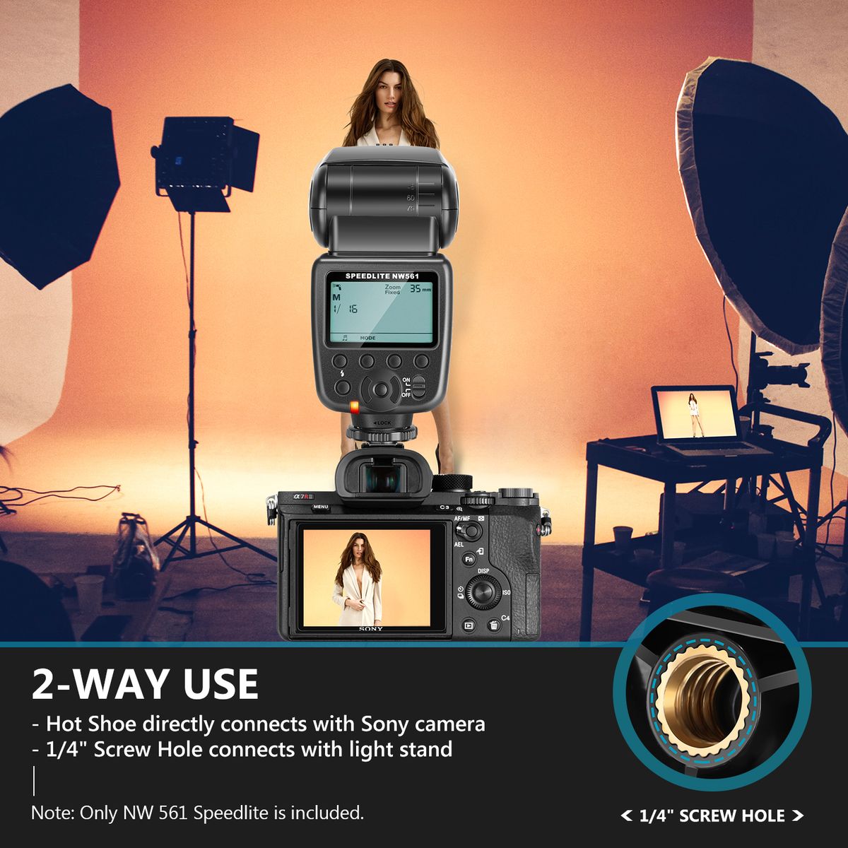 NW561 LCD Display Flash Speedlite For Canon Nikon Panasonic Olympus Pentax Fijifilm And Sony With Mi Hot Shoe, DSLR And Mirrorless Cameras With Standard Hot Shoe