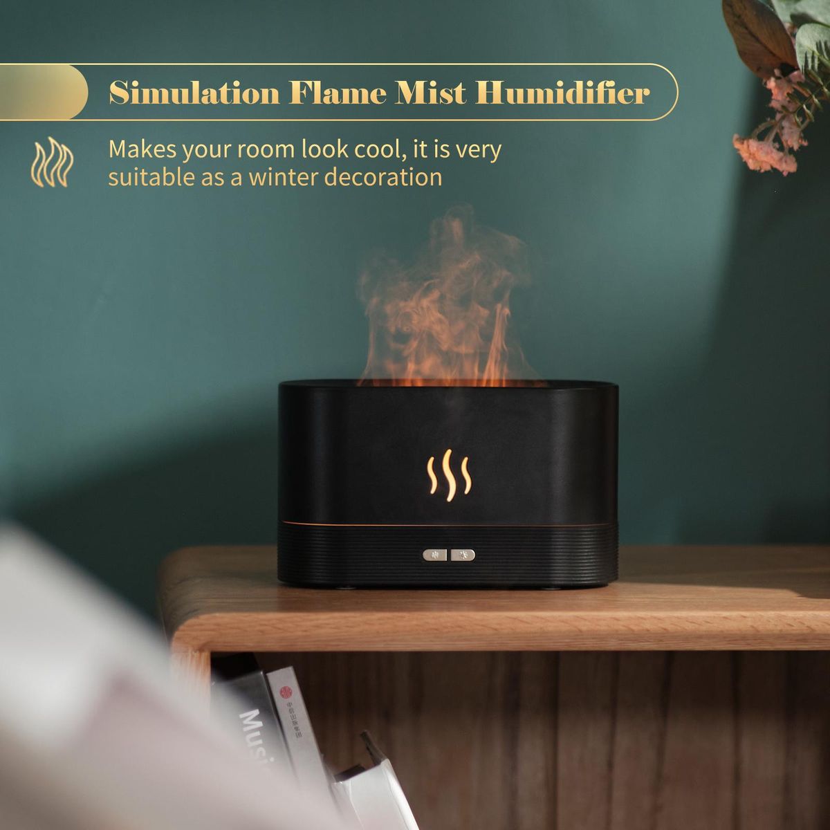 Simulation Flame Mist Humidifier With 7 Color Night Light Aromatherapy Essential Oil Diffuser Quiet Cool USB Humidifier for Home Office Bedroom Baby Room Auto-off