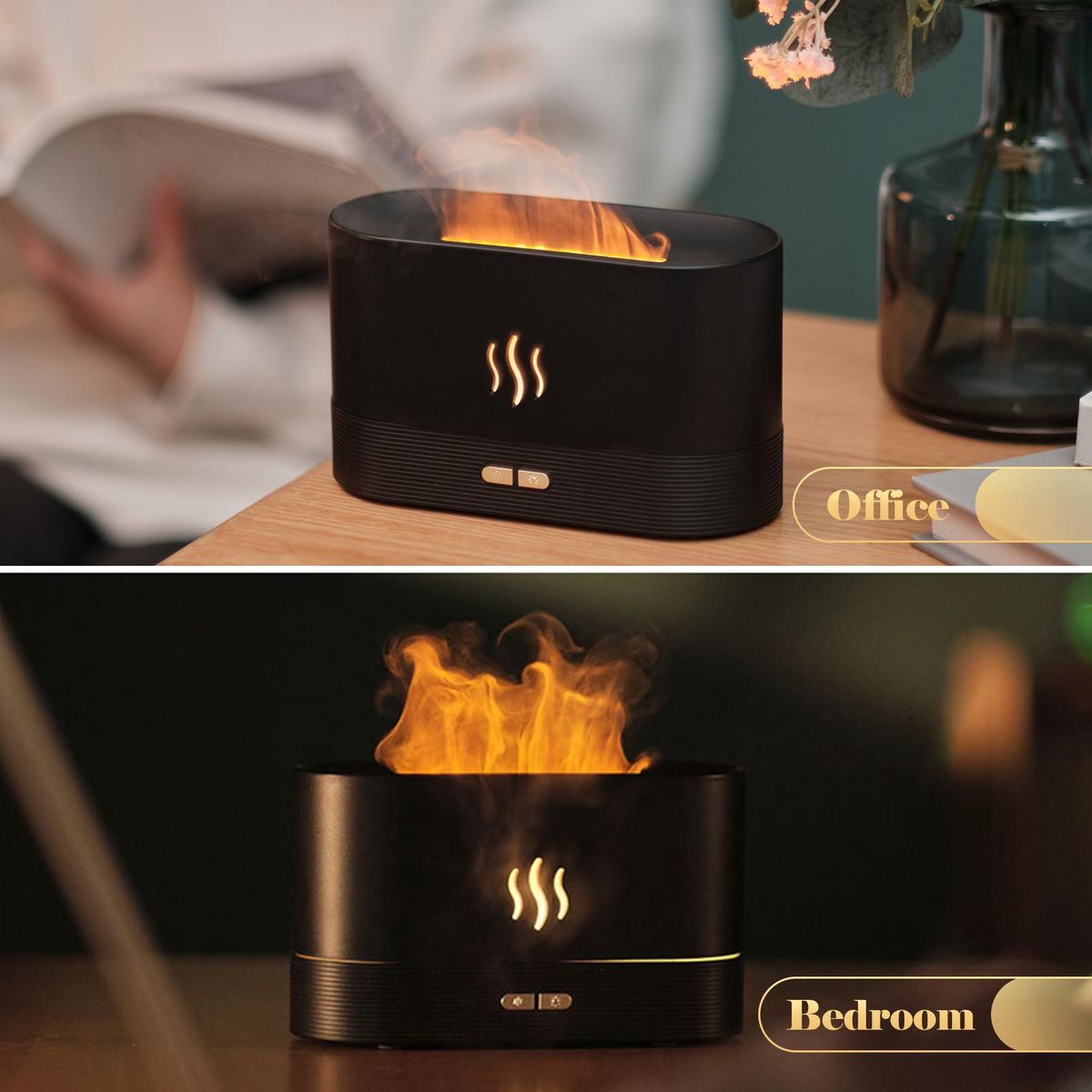 Simulation Flame Mist Humidifier With 7 Color Night Light Aromatherapy Essential Oil Diffuser Quiet Cool USB Humidifier for Home Office Bedroom Baby Room Auto-off