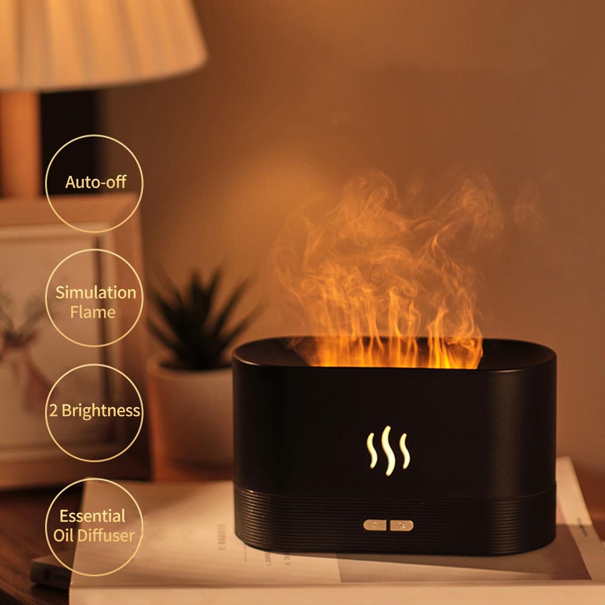 Simulation Flame Mist Humidifier With 7 Color Night Light Aromatherapy Essential Oil Diffuser Quiet Cool USB Humidifier for Home Office Bedroom Baby Room Auto-off