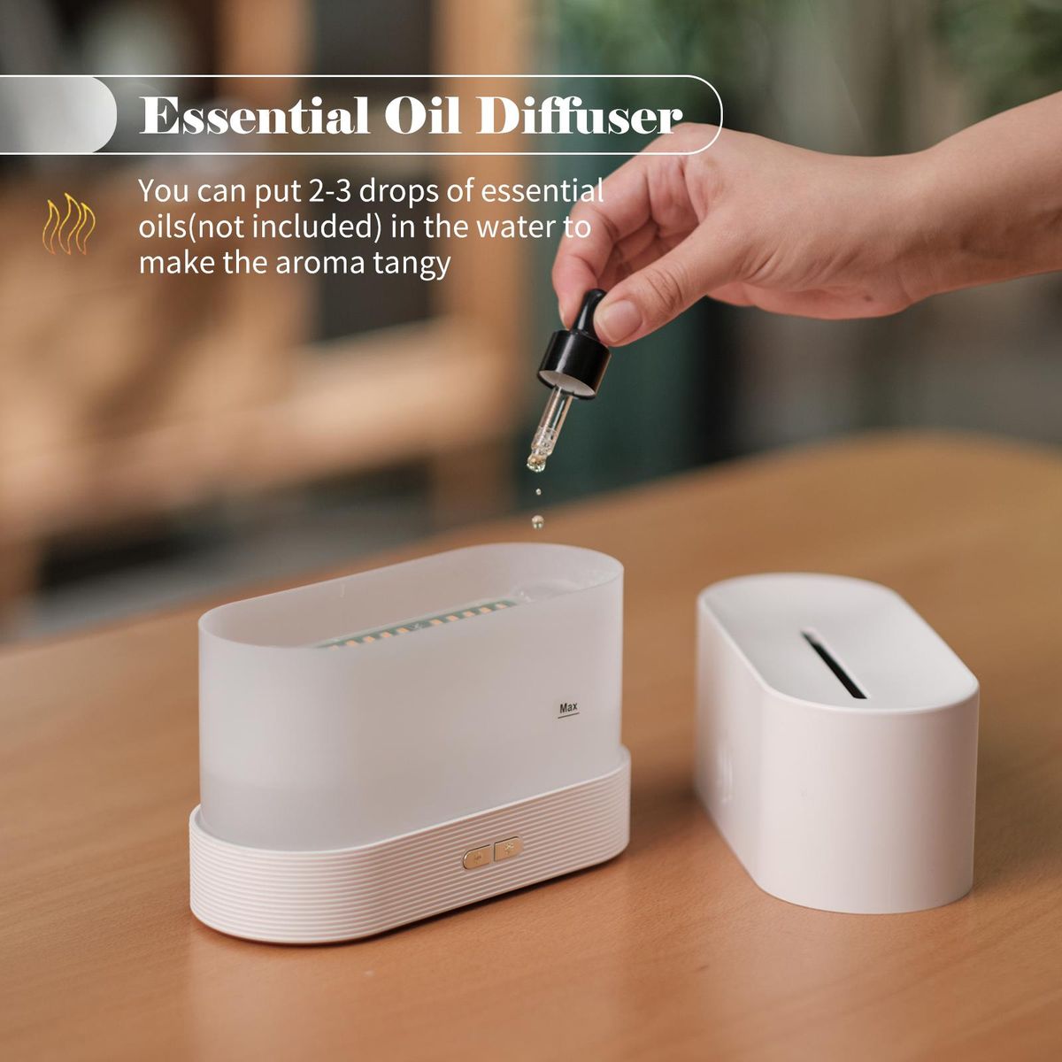 Simulation Flame Mist Humidifier With 7 Color Night Light Aromatherapy Essential Oil Diffuser Quiet Cool USB Humidifier for Home Office Bedroom Baby Room Auto-off
