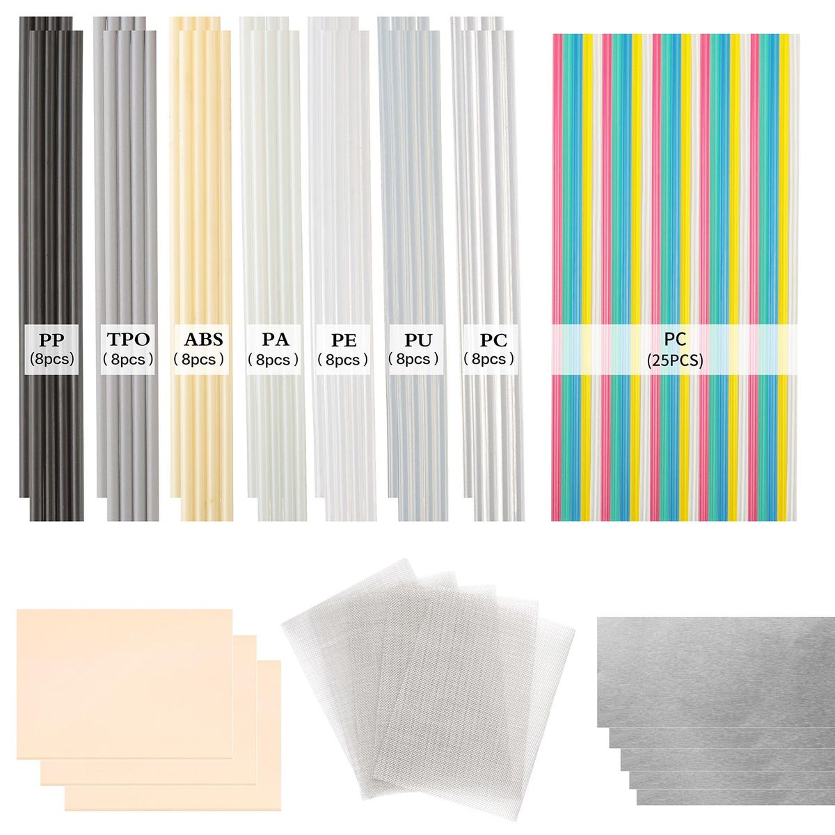 90 PCS  Plastic Welding Rods  ABS PP PU PE PA PC TPO 7 Types of  welder rods for Car bumper, Kayaks,plastic welder Repair Kit with with  Stainless Steel Mesh Plastic Welding Kit Welding Supplies