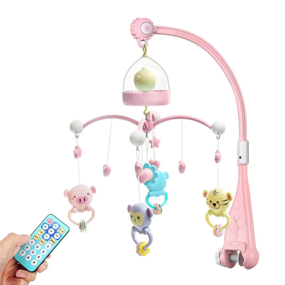 Baby Crib Mobile Bed Bell Hanging Holder Music Box Arch Night Light Newborn Toy Pink