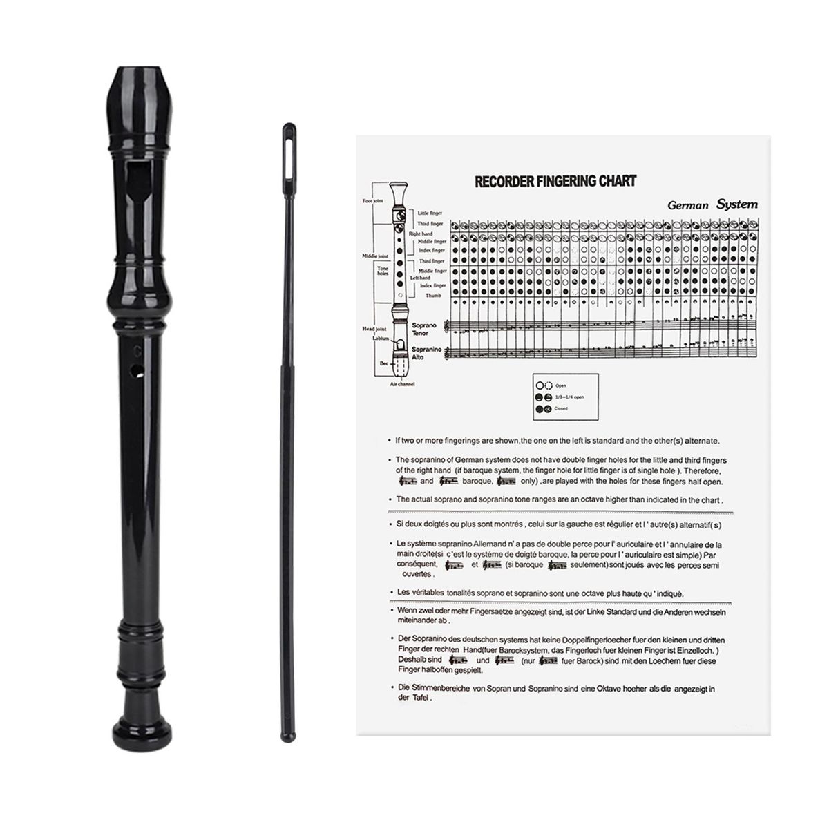 8-hole German Style Soprano Recorder Long Flute Descant With Black