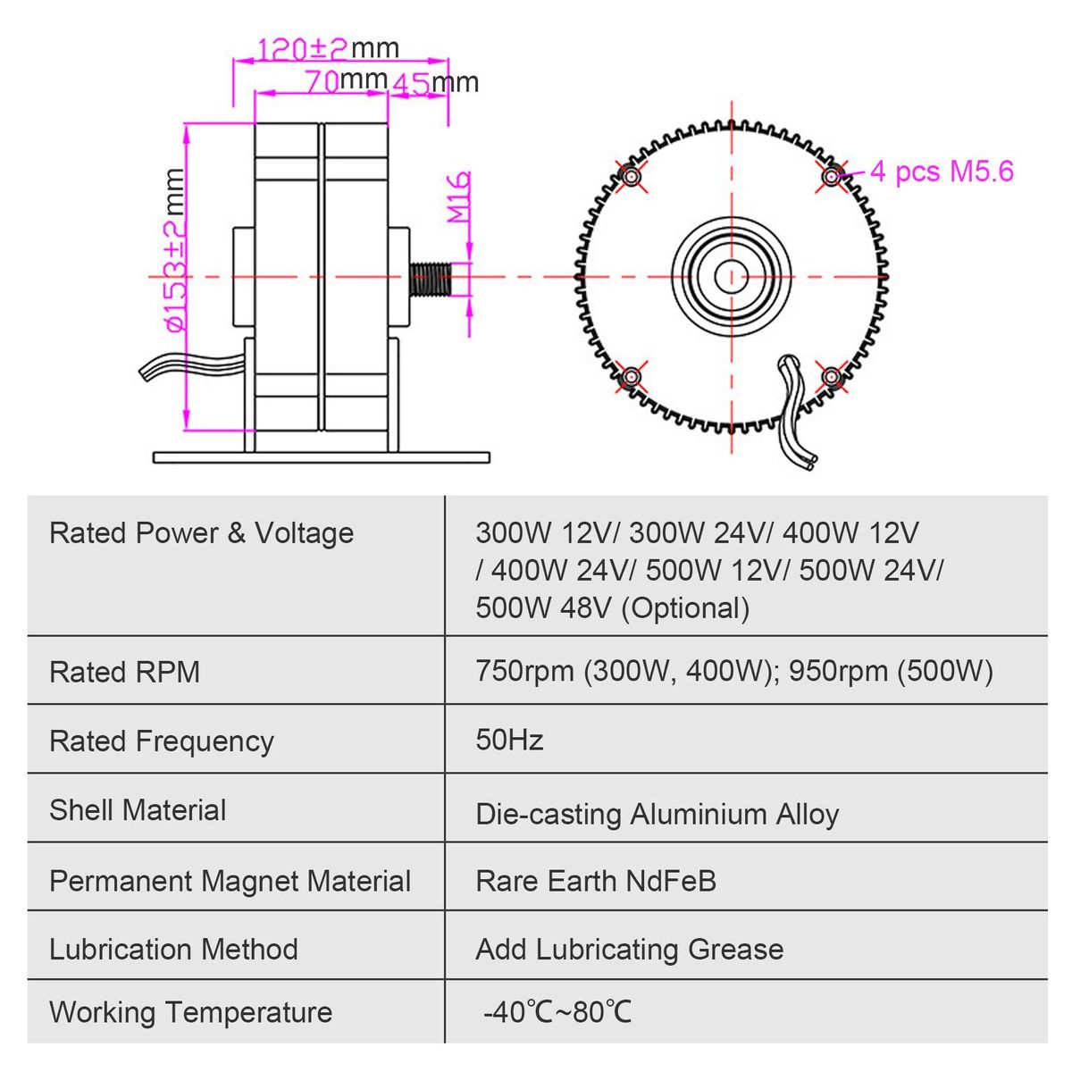 400W 12V Three-phase AC Permanent Magnet Generator Mini High Efficiency 950RPM Low Speed Wind Generator Motor AC Alternator for Wind Generators DIY