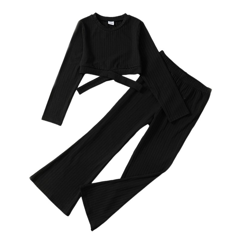 7-13 Years Kid Girl 2 PCS Suit Cross Strap Long Sleeve Top+Bell-Bottoms