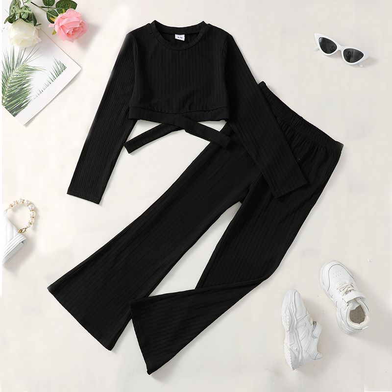 7-13 Years Kid Girl 2 PCS Suit Cross Strap Long Sleeve Top+Bell-Bottoms