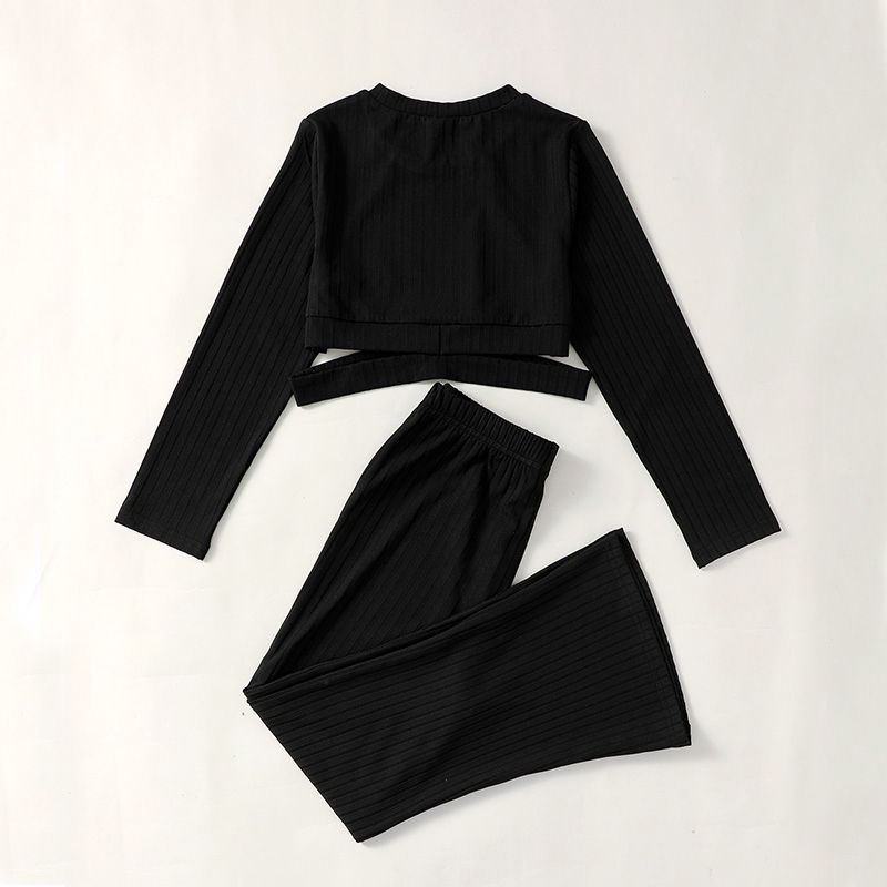 7-13 Years Kid Girl 2 PCS Suit Cross Strap Long Sleeve Top+Bell-Bottoms