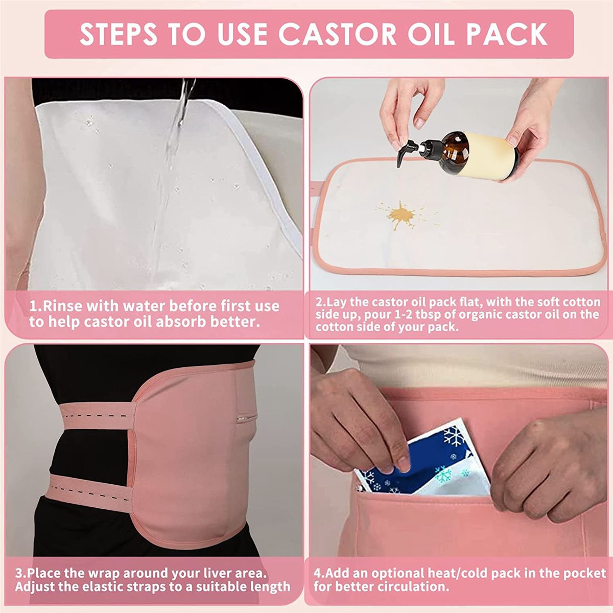 Reusable Organic Castor Oil Pack Kit, Adjustable Elastic Strap(Pink)