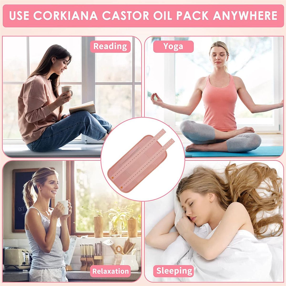 Reusable Organic Castor Oil Pack Kit, Adjustable Elastic Strap(Pink)