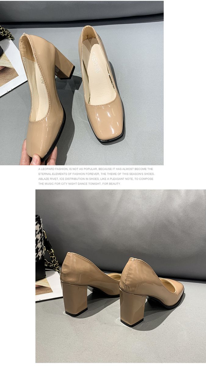 Block Heel Patent Leather Round Mouth Cover Shoe - Nude