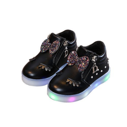 Children's Sports Shoes Girls Rhinestone Glowing Shoes-Black