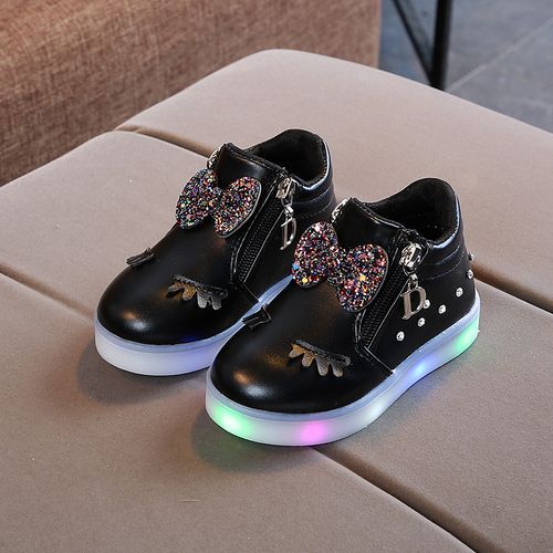 Children's Sports Shoes Girls Rhinestone Glowing Shoes-Black