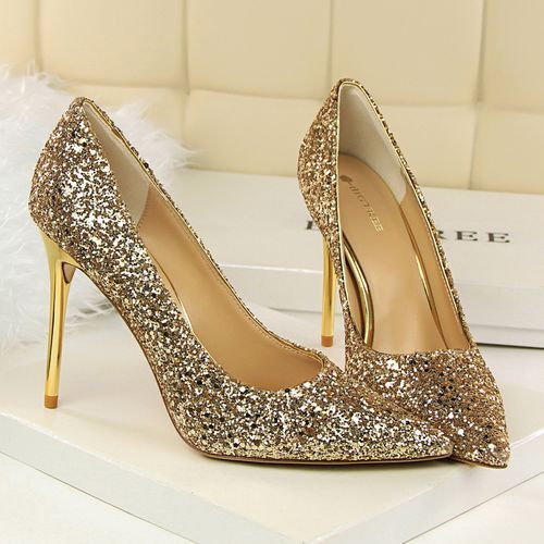 Ladies Pointed Dress Party Heels Sequins Pumps Gold Stiletto
