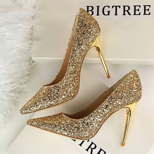 Ladies Pointed Dress Party Heels Sequins Pumps Gold Stiletto