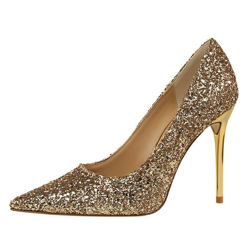 Ladies Pointed Dress Party Heels Sequins Pumps Gold Stiletto