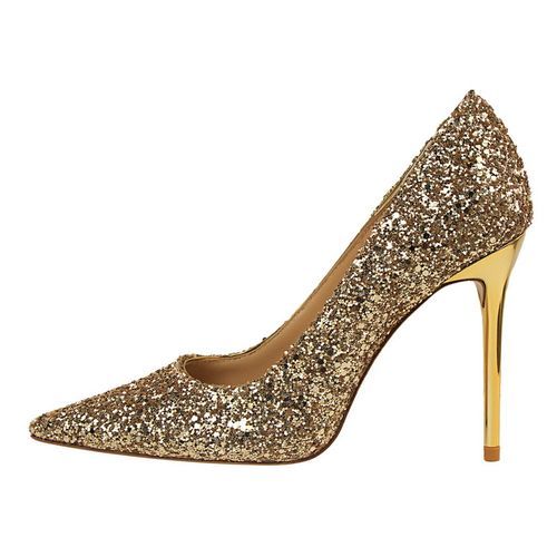 Ladies Pointed Dress Party Heels Sequins Pumps Gold Stiletto