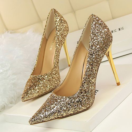 Ladies Pointed Dress Party Heels Sequins Pumps Gold Stiletto