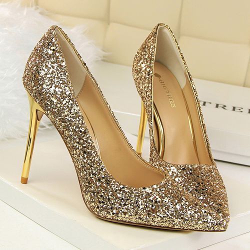 Ladies Pointed Dress Party Heels Sequins Pumps Gold Stiletto