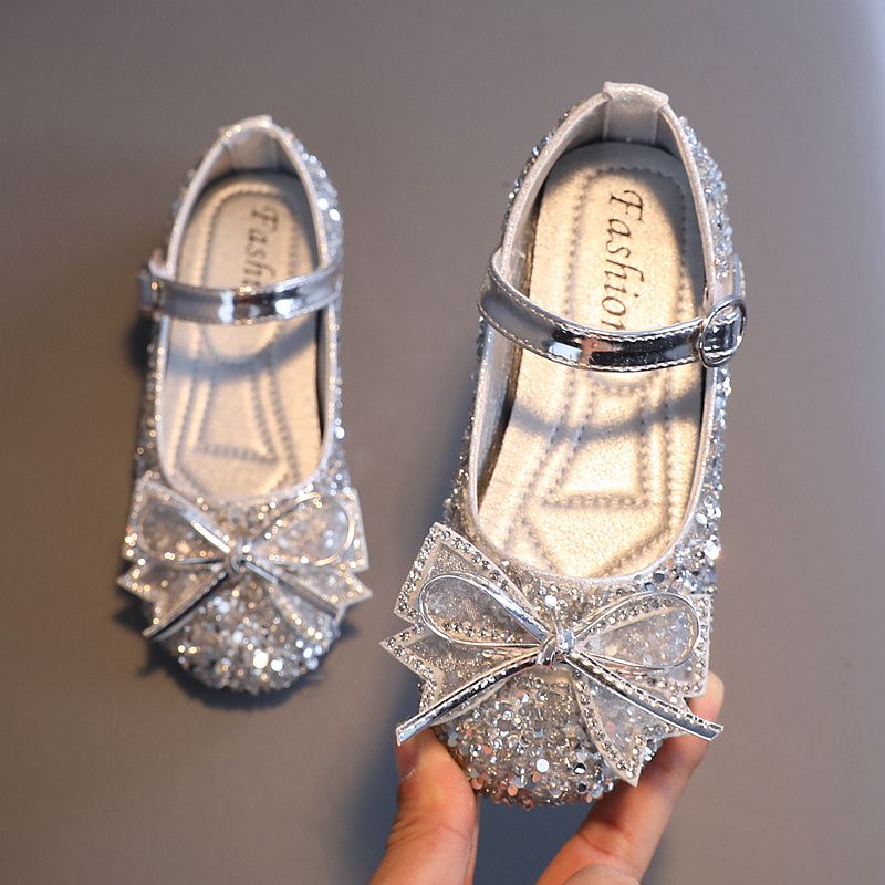Girls Sequin Loafer Kids Bow-Knot Flats Shoes (Silver)