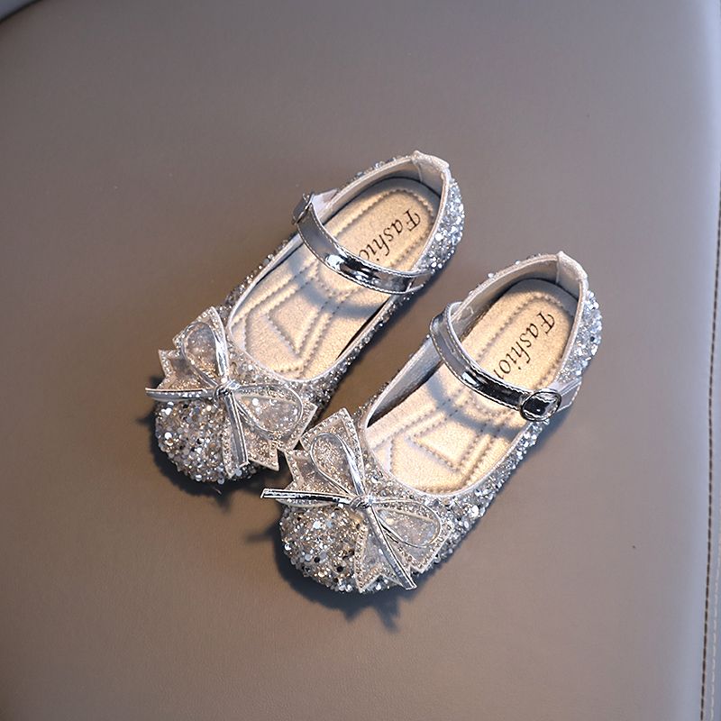 Girls Sequin Loafer Kids Bow-Knot Flats Shoes (Silver)