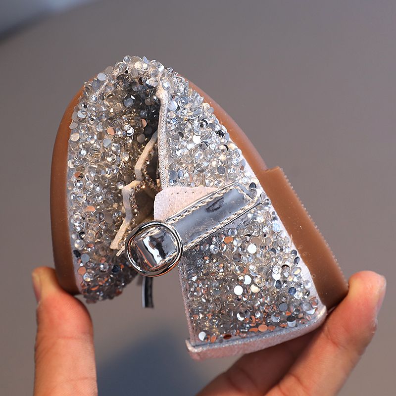 Girls Sequin Loafer Kids Bow-Knot Flats Shoes (Silver)