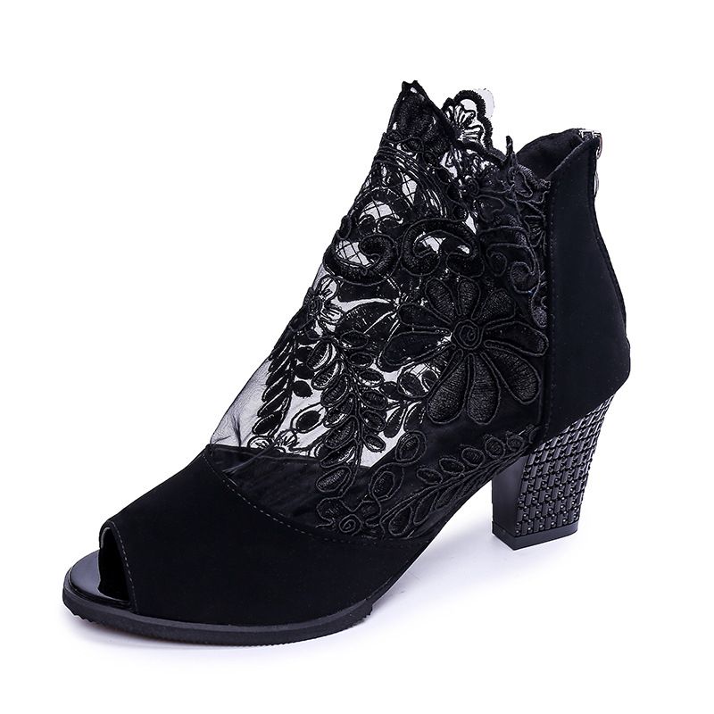 Lace Chunky Heels Shoes Sandals Wedges Peep-toe