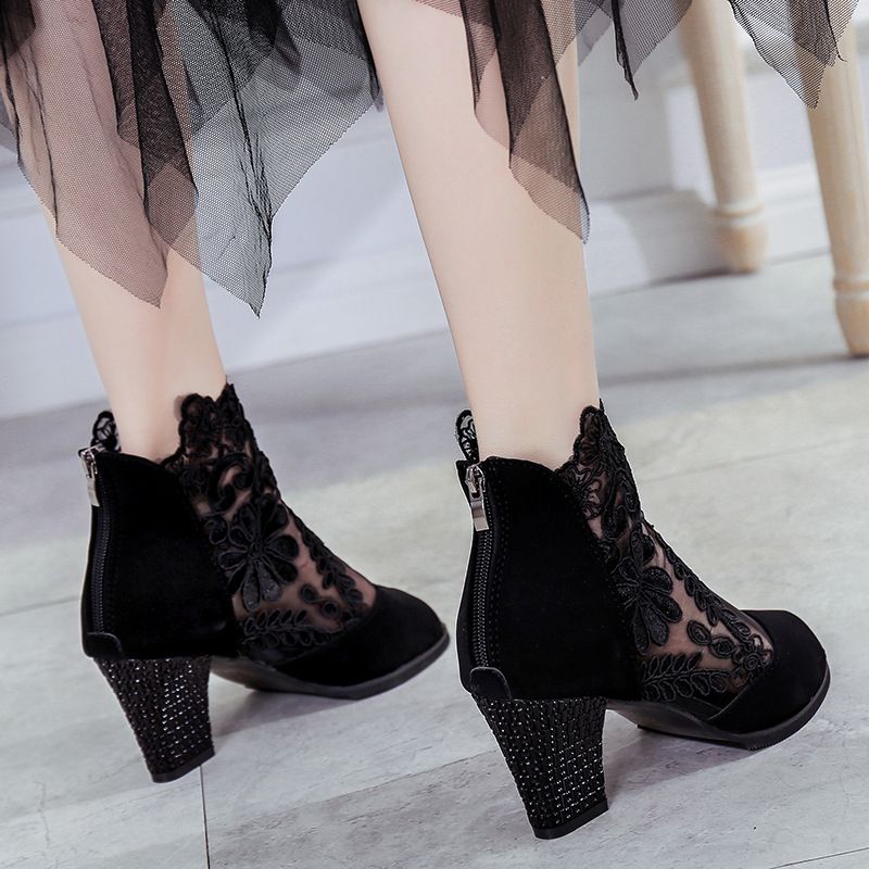 Lace Chunky Heels Shoes Sandals Wedges Peep-toe