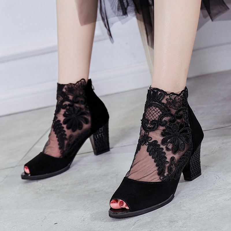 Lace Chunky Heels Shoes Sandals Wedges Peep-toe
