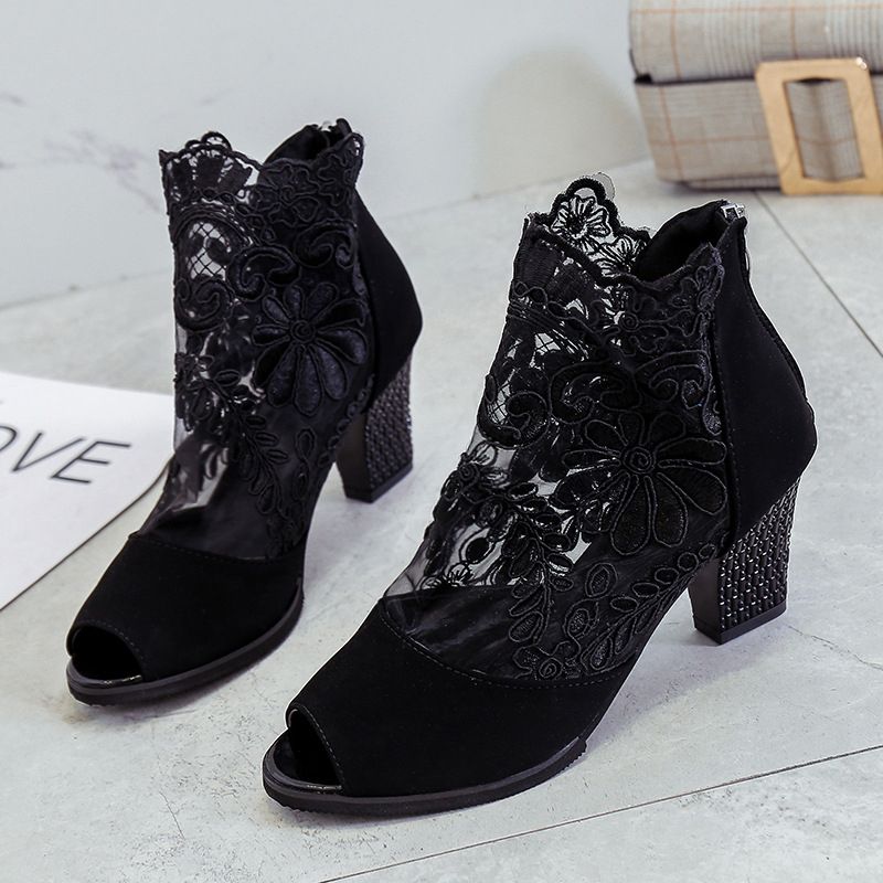 Lace Chunky Heels Shoes Sandals Wedges Peep-toe