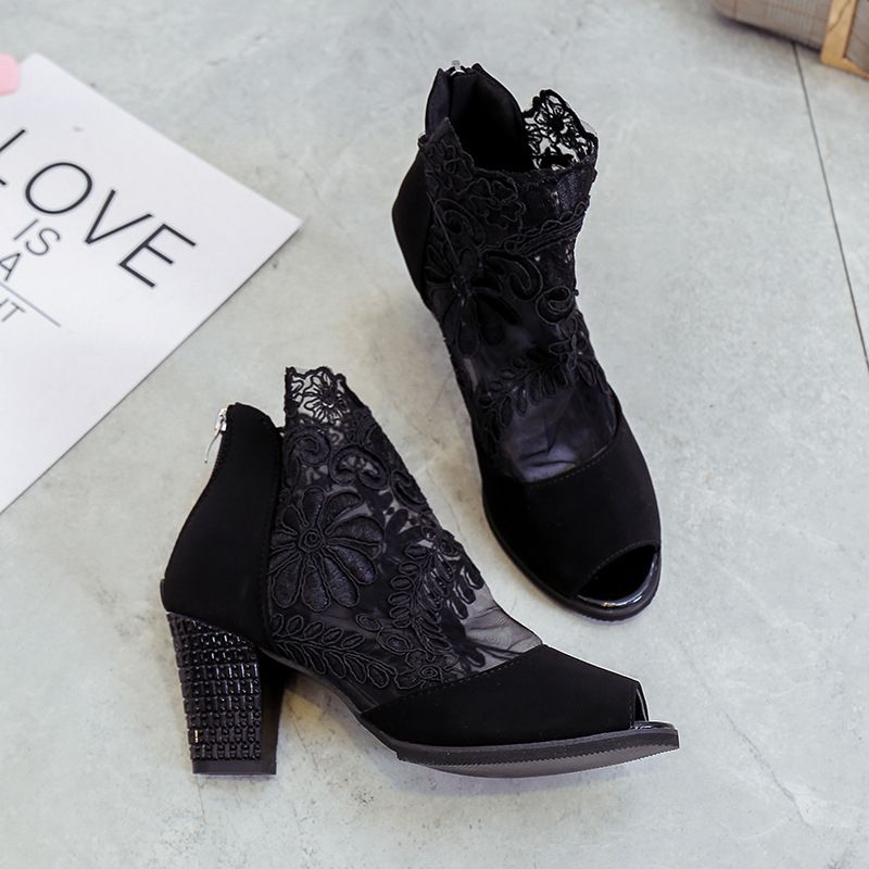 Lace Chunky Heels Shoes Sandals Wedges Peep-toe